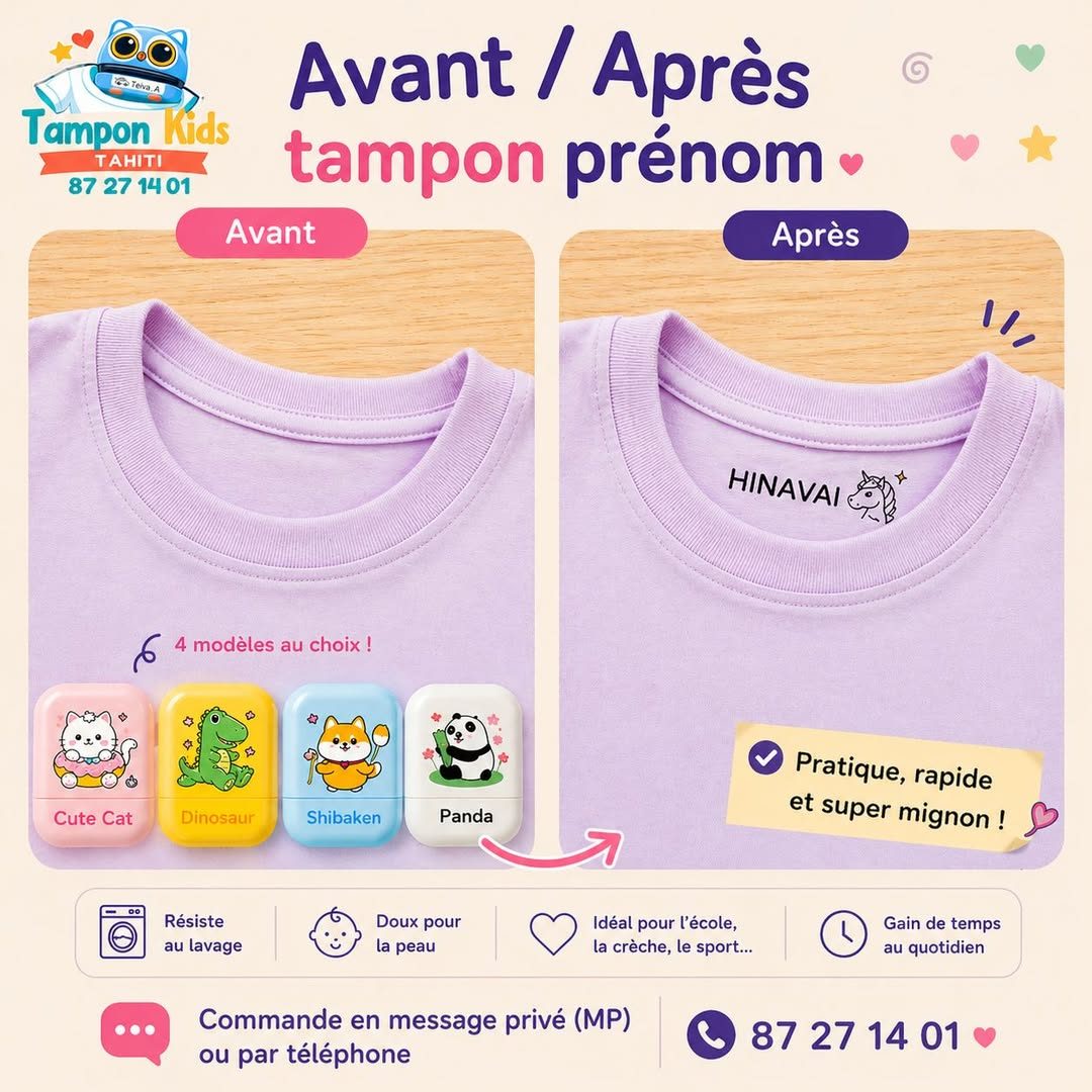 Avant / après : t-shirt lilas marqué au tampon prénom Hinavai